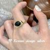 Anel de Estilo Ins Coreano Nicho Alto Padrão Prata Esterlina S925 Ágata Negra Oval Anel de Ouro 24K para Mulheres
