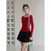 Camiseta elegante de manga comprida com estampa de bolinhas e design de peça dupla falsa, de um ombro só, para mulheres, estilo início de outono, top plissado que afina