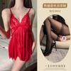 Lencería sexy roja de encaje tentación, camisón de talla grande, pijama transparente abierto, uniforme sin despegar.