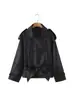 Otoño Transfronterizo Europeo y Americano Comercio Exterior Ropa de Mujer al por Mayor Moda Solapa Hombrera Diseño de Doble Botonadura Cinturón Chaqueta Abrigo de Cuero PU