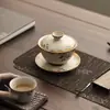 Juego de Taza de Té Gaiwan de Tres Piezas Resistente al Calor, Tazón de Té Kung Fu de una Pieza Ru Kiln Crackle Glaze de Lujo Ligero de Alta Gama, Caja de Regalo para Juego de Té