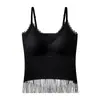 Camisola versátil com design de renda francesa moderno e amarração no busto, top feminino com detalhes vazados e alça nas costas, com bojos para mulheres