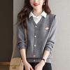 Tops de Punto Falso de Dos Piezas para Mujer 2024 Nuevo Estilo Otoño e Invierno Tejido de Punto Suelto Mangas Largas con Solapa Camisa Básica