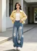 Jeans Wide-Leg Patchwork com Bordado Floral, Novo Estilo Americano de Outono, Lavado, Fresco, Estilo de Rua, Calças Casuais Largas