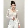 Camisola de renda estilo francês para mulheres, top de malha transparente de manga longa, sexy e elegante, camada base versátil para primavera e outono