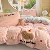 Conjunto de Quatro Peças de Algodão para Dormir Nu Estilo Ins Estilo Creme Fresco Algodão Lavado Fofo Lençol Fronha Capa de Edredom Roupa de Cama