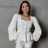 Camisa Jacquard Convexa Cuello Cuadrado Mangas Abullonadas Khaki Retro Francés Moda Primavera Europea y Americana Nueva para Viajes de Negocios Mujer