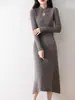 Vestido Largo de Corte A 100% Lana con Cuello Estilo Chino Otoño e Invierno Nuevo Vestido Suéter Estilo Chino con Diseño de Botones Ajustado