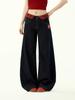 Jeans de Pierna Ancha Rectos de Tiro Alto Ajustados con Bordado de Gato Estilo Retro Americano para Mujer Pantalones de Empalme a Cuadros Sueltos de Moda