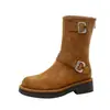Botas de motocicleta retro estilo Grape Mom para mujer, botines con correa de hebilla de cuero, punta redonda, suela gruesa, que aumentan la altura, botas de mezclilla, a media pantorrilla, botas Martin