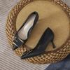 9877-1 Zapatos de Tacón Alto para Mujer 2024 Nuevo Estilo Francés Cómodos Puntiagudos Profesionales de Trabajo Elegantes Negros de un Solo Color