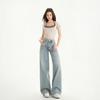 2025 Jeans de Tiro Bajo de Color Claro con Estampado de Cuadros Rosas, Dos Piezas Apiladas Falsas, sin Cinturón, Corte Ligeramente Holgado, Pierna de Trompeta de Color Claro para Mujer