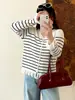 Cárdigan de punto a rayas con volantes para mujer talla grande 2026 otoño versátil top ajustado para mujer talla grande 25030