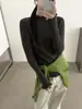 26 Nuevo Estilo de Otoño Top, Estilo Coreano, Color Sólido, Cuello Semi Alto, Suéter de Punto con Mangas Largas Fruncidas, Camiseta Básica para Commuting para Mujer