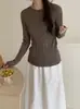 Novo top de malha seamless 100% lã Merino fiada fina com padrão ondulado, sem costura, de pressão zero, para mulheres, corte justo para o outono