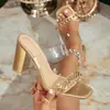 Zapatos de Mujer Huidong Verano Nuevo Estilo Tacón Grueso Sandalias Transparentes de Mujer Clásico Pedrería Nicho Moda Slip-On Zapatos de Mujer