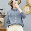 Camisa xadrez espinha de peixe de algodão macio de camada dupla para mulheres, manga longa, estilo japonês de exportação, top com bordado de coração
