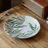 Prato Rasinho Folha de Bambu Estilo Retrô Prato Cerâmico Doméstico Prato Grande Redondo Louça Criativa Prato de Jantar Prato de Sobremesa Japonês Atacado