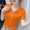 Camiseta feminina de manga curta cor sólida verão novo design com zíper senso nicho ajuste fino estilo ocidental all-match curto top ins moda
