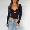 Moda Nueva Otoño Invierno 2024 para Mujeres Europeas y Americanas Sexy de Chicas Picantes Top de Manga Larga con Cuello con Cordones