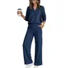 2026 Comercio Exterior Transfronterizo Europeo y Americano Otoño/Invierno Nuevo Color Sólido Cuello en V Moda Casual Manga Larga Elegante Conjunto de Dos Piezas para Mujer