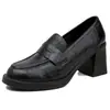 Em Estoque~ Mocassins de Pele de Ovelha para Mulheres, Salto Alto de 7cm, Novos Sapatos de Couro com Salto Grosso Retrô Preto para Mulheres, Estilo Britânico para o Outono
