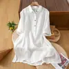 Camisa Retro de Lino de Manga Corta de Longitud Media para Mujer Verano 2026 Delgada Holgada Adelgazante Cuello Polo Blusa de Lino Top