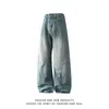 Nuevos jeans de primavera estilo americano con dobladillo curvo para hombre, lavado estilo high street, pantalones anchos rectos holgados geniales e informales
