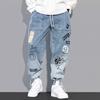Calça jeans masculina com estampa de letras novas da YOA Outono, calça solta com estampa de grafite e cordão