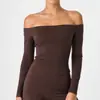 Camiseta de Manga Larga Off-Shoulder Caijue Sports para Mujer, Sencilla y a la Moda, Versátil, Corte Ajustado, Sexy, Top Casual