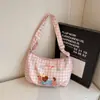 Dibujo Animado Coreano 2025 Nuevo Bolso de Hombro de Nailon a Cuadros Lindo Estampado Gran Capacidad Bolso Tote de Moda Estilo Preppy