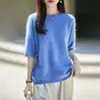 Suéter Casual de Punto de Lana con Cuello Redondo y Media Manga para Mujer, Jersey Holgado, 100% Lana Pura, Suéter Elegante y Acogedor