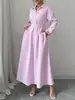 Chic Coreano Principios de Otoño Nuevo Estilo Francés Cuello Alto Cordón en la Cintura Vestido Suelto Estilo Camisa Rayado para Mujer