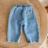 Conjunto Jeans Macio Infantil Primavera e Outono Meninos e Meninas Jaqueta Estilosa com Gola Reversível e Calça Conjunto de Duas Peças Estilo Coreano Casual Roupa de Outono