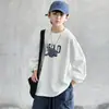 Camiseta Estampada Frente e Verso para Meninos na Primavera e Outono para Crianças de Tamanho Médio e Grande com Estampa de Chapéu Top Infantil Soltinho Casual Tendência Pulôver