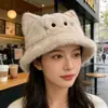 Sombrero de Felpa Estilo Japonés Dulce Dibujo Animado Gato Lindo Lazo para Mujer, Otoño e Invierno Cálido Protección de Orejas Adelgazante Facial Sombrero de Pescador