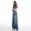 Jeans Infantil Laranja #Streetwear Americano Garota Apimentada Cintura Alta Perna Larga Feminino Solto Modelador Patchwork Versátil Calça Reta