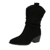 Veludo Tamanho Plus Dr. Botas Martens Femininas 2026 Transfronteiriças Outono/Inverno Novas Botas de Cano Médio Bico Fino Salto Grosso Botas Franzidas Femininas Plissadas