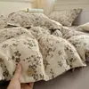 Juego de Cuatro Piezas de Gasa de Doble Capa 100% Algodón Clase A con Botones, Tacto Algodón-Lino, Funda de Edredón de Algodón Lavado de Algodón Puro, Juego de Cuatro Piezas de Algodón-Lino