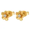 Suministro directo transfronterizo de pendientes de acero inoxidable florales de color dorado con incrustaciones de circonita, accesorios de oreja versátiles simples y elegantes para mujer