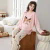 Pijama feminino de algodão imitação, conjunto de manga longa para primavera e outono, mangas raglan, estampa de desenho animado, gola redonda, calça xadrez, roupa casual para casa