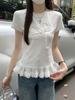 Foto Real de Verano Estilo Coreano Encaje Borde Puntada Dobladillo Lazo Reductor de Edad Versátil Algodón Manga Corta Camiseta Top 79074