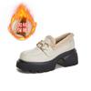 Mocassins de Couro Genuíno para Mulheres 2025 Inverno Novo Estilo Moda Feminina Versátil Estilo Estrangeiro Sapatos Femininos Quentes Forrados com Lã de Salto Grosso