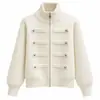 Jaqueta Curta de Lã com Gola Alta Outono Inverno Feminina Estação Independente Gola Redonda Metal Botões Duplos Cor Sólida Elegante Cardigan de Tricô
