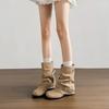 Em Estoque Entrega Imediata Novo Estilo Bico Redondo Salto Bloco Estilo Western Botas Curtas Macias com Cano Franzido, Botas Acamurçadas que Aumentam a Altura para Mulheres, Verão