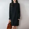 Vestido de Tricô de Lã 100% Feminino Outono/Inverno Estilo Grosso Ombro Caído Comprimento Médio Bainha Dividida Manga Longa Solto