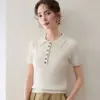 Nuevo Jersey de Punto Cableado Casual de Manga Corta con Botones y Cuello de Solapa para Mujer de Cachemira