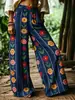 Pantalones Largos de Pierna Ancha con Estampado Floral de Rayas Verticales Estilo Bohemio para Mujer, Cintura Alta Elástica, Casual, Pierna Recta, para Vacaciones Europeas y Americanas Transfronterizas