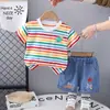 Comercio Exterior Nuevo Traje de Rayas de Colores para Niños con Expresiones, Manga Corta, Shorts de Verano para Niños, Conjunto de Dos Piezas Delgado Casual y Cómodo, Moderno