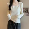 Malha de Manga Longa 2026 Outono e Inverno Novo Estilo Slim Fit Gola Quadrada Elegante Cor Pura Top Suéter Curto para Usar por Baixo para Mulheres 8604